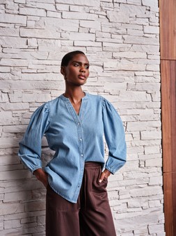 Denim Blouse £22, Wide Leg Trousers £22 1