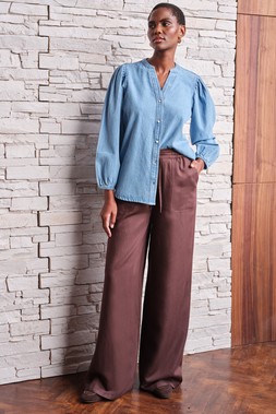 Denim Blouse £22, Wide Leg Trousers £22
