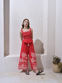 Ruched Cami Top £18 , Palm Print Wide Leg Trousers £22, Sandals £16.