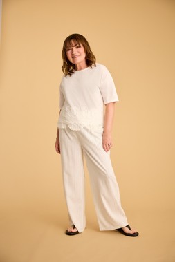 Crochet Hem T-Shirt £14 & Striped Linen Wide Leg Trousers £22