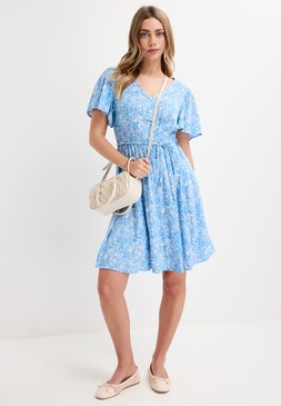 Blue Floral Flutter Sleeve Dress