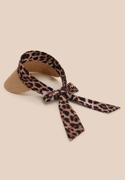 Womens Brown Animal Print Scarf Straw Visor Hat