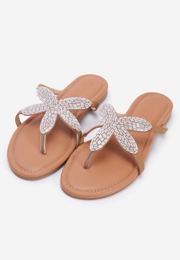 Womens White Flower Embellished Toe Post Sandals