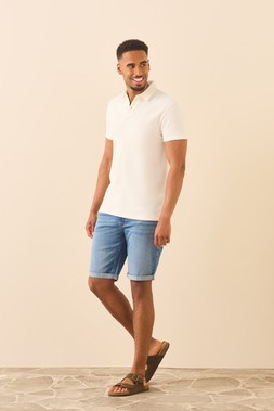 Mens Ecru Textured Polo Shirt £16 & Mens Mid Blue Five Pocket Denim Shorts £16