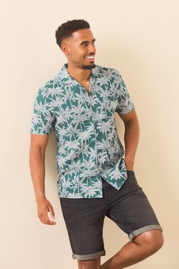 Mens Teal Palm Tree Cotton Shirt £16 & Mens Black Five Pocket Denim Shorts £16