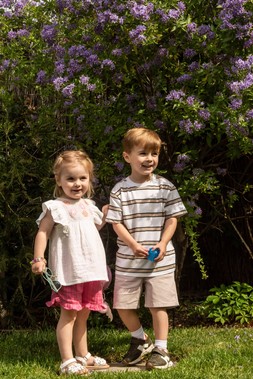 Younger Boys Mocha Stripe Cotton T-Shirt £4, Younger Girls White Crochet & Pink Short Set £12