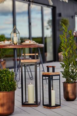 GRACE TALL LANTERN IN ACACIA WOOD AND BLACK H52CM W15CM &pound;59.99 & GRACE TALL LANTERN IN ACACIA WOOD AND BLACK H58CM W20CM &pound;89.99