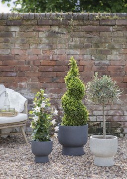 OUTDOOR DALLAS CHARCOAL FOOTED PLANTER H24CM D24CM &pound;19.99 & OUTDOOR DALLAS GREY FOOTED PLANTER H30CM D30CM &pound;34.99 & OUTDOOR DALLAS CHARCOAL FOOTED PLANTER H37CM D37CM &pound;54.99