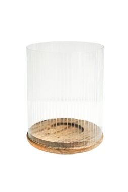 AMELIA RIBBED GLASS WOODEN CANDLE HOLDER H19.5CM D16CM £39.99