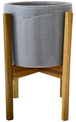 Anzio Stone Grey Planter With Wooden Stand 24cm &pound;54.99