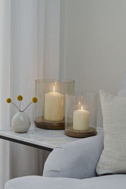 AMELIA RIBBED GLASS WOODEN CANDLE HOLDER H23CM D20CM £39.99 TO £59.99