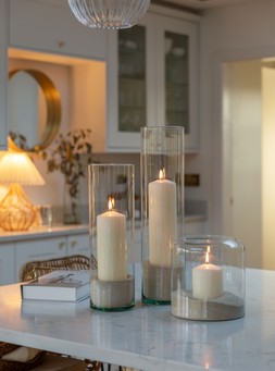 Glass Hurricane Lantern With Sand H31cm D23cm 34.99, Glass Cylinder Lantern With Sand H26cm D12cm &pound;29.99, Glass Cylinder Lantern With Sand H31cm D12cm &pound;34.99