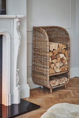 NATURAL RATTAN LOG TROLLEY WITH KINDLING SHELF H100CM W52CM £239.99