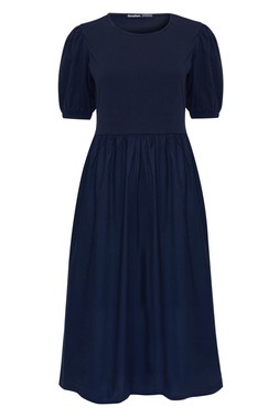 Navy Elasticated Waist Cotton Poplin Midi Dress