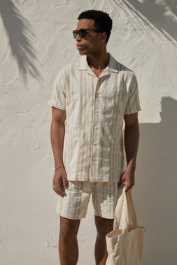 Stone Shorter Length Geometric Stripe Textured Cotton Shorts
