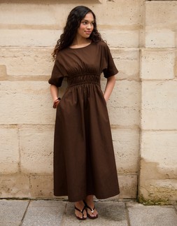 Chocolate Brown Elasticated Waist Cotton Poplin Midi Dress