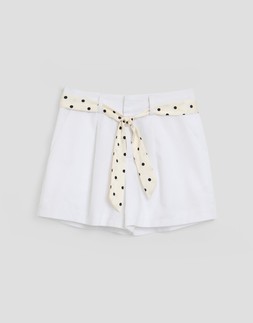 Tailored Shorts with Polka Dot Satin Scarf Belt in White