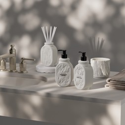 Sir Jacobs White Quarry Reed Diffuser £79, Lotion and Soap Dispenser £62 and Candle £94, www.sirjacobs.co.uk