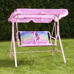 OHS Kids Unicorn Print Swing Bench with Canopy - Pink - £50