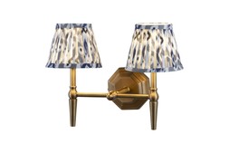 Double Brass wall light with Blue and Grey pleated shade