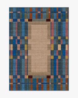 Ruggable - Jungalow Collection - Lad Blue - 150 x 215 cm - Flatwoven £349, Tufted £479 (Aerial)- EMBARGOED UNTIL 2ND JULY 2026- EMBARGOED UNTIL 2ND JULY 2026