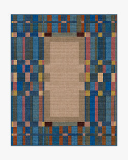 Ruggable - Jungalow Collection - Lad Blue - 245 x 305 cm - Flatwoven £599, Tufted £849 (Aerial)- EMBARGOED UNTIL 2ND JULY 2026- EMBARGOED UNTIL 2ND JULY 2026