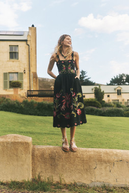 Eleni Floral Embroidered Midi Dress Black