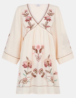 Floral Embroidered Mini Kaftan Ivory