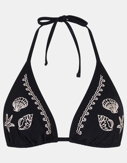 Shell Embroidered Triangle Bikini Top Black