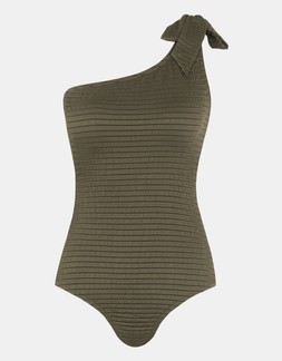 Textured One-Shoulder Swimsuit Green