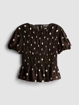 PRIMARK SPOTTED SHIRRED CREW NECK TOP BROWN £12 €14 $18 RON70 PLN60 CZK365