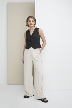 Beige Linen Look Cap &pound;8, Black Linen Waistcoat &pound;22, Cream Side Stripe Trousers &pound;20, Black Platform Sandals &pound;20