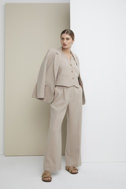 Stone Co-ord Pinstripe Relaxed Blazer &pound;32, Stone Co-ord Pinstripe Waistcoat &pound;22, Stone Co-ord Pinstripe Wide Leg Trousers &pound;22, Taupe Sandals &pound;15.