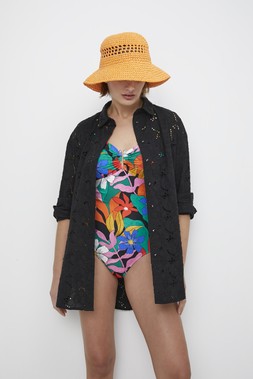 Tropical Floral Print Swimsuit &pound;18, Black Longline Lace Shirt &pound;25 & Orange Straw Hat &pound;12