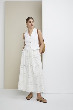 White Linen Waistcoat &pound;22, White Broderie Maxi Skirt &pound;28, Straw Rucksack &pound;15, Taupe Sandals &pound;15