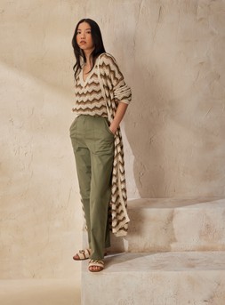 Chevron Lurex Maxi Cardigan &pound;28, Chevron Lurex Vest &pound;18, Khaki Straight Leg Utility Trousers &pound;18 & Raffia Chain Mules &pound;16