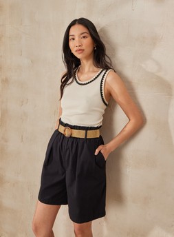 Cream Crochet Vest Top &pound;10 & Black Poplin Belted Shorts &pound;14
