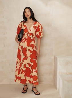 Orange Floral Print Maxi Tea Dress &pound;28, Black Croissant Shoulder Bag &pound;14 & Black Strappy Sandals &pound;17