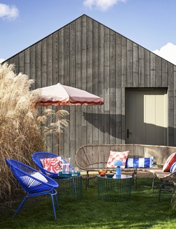 SS24 SUMMER RESORT - Amalfi Parasol &pound;199 / Lois Corner Sofa &pound;229 / Lois Coffee Table &pound;99 / Lois Side Table &pound;69 / Set of 2 Outdoor Cushions &pound;25 / Scallop Bolster Outdoor Cushion &pound;17.50 / Lois Chairs &pound;129 / Colby Table Lamp &pound;39 / Set of 4 Check Cereal Bowls &pound;15 / Set of 3 Nibble Bowls &pound;8 / Picnic Jug &pound;15 / Set of 4 Picnic Tumblers &pound;15