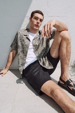 M&S ALL OVER LANDSCAPE JAQUARD SHIRT £32, T-SHIRT £20, SHORTS £25, AUTOGRAPH LEATHER SANDALS £45