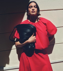 M&S Collection Bubble Hem Top £29.50, M&S Collection Bubble Hem Skirt £39.50, M&S Collection Black Bag £39.50