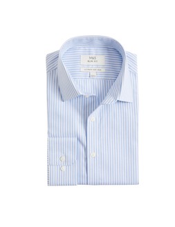 M&S Collection Slim Fit Ultimate Non Iron Cotton Striped Shirt Blue £40