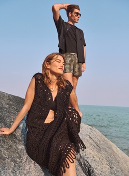 M&S MACRAME WAISTCOAT £45, BIKINI TOP £25, SKIRT £59, EMBROIDERY SHIRT £35, T-SHIRT £20, BANANA LEAF PRINT SWIM SHORTS £20