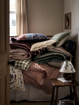 CLASSIC REVIVAL - Scalloped Side Table &pound;99 / Betty Table Lamp &pound;49.50 / Stripe Ruffle Edge Bedding Set &pound;59